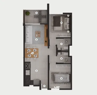 Floor plan of an Anna City two-bedroom apartment, showing two bedrooms, a bathroom, an open kitchen and living area and a balcony