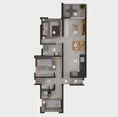 Floor plan of an Anna City three-bedroom apartment, showing three bedrooms, two bathrooms, an open kitchen and living area and a balcony