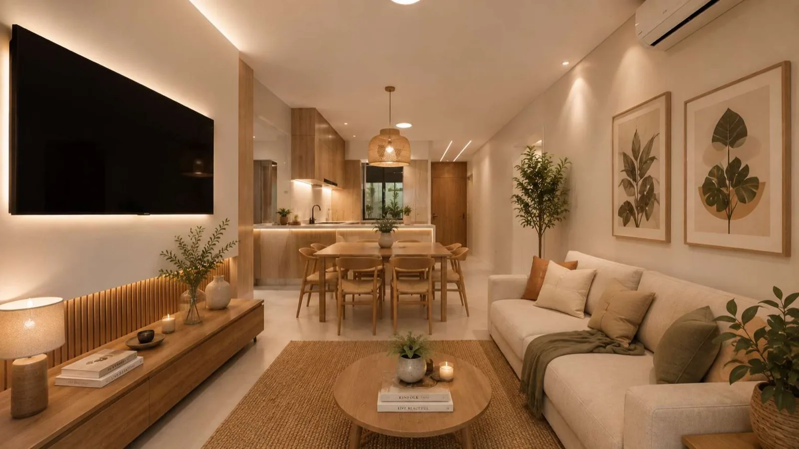 Interior render of an Anna City three-bedroom apartment: an open-plan living and dining space with a timber media wall and warm lighting