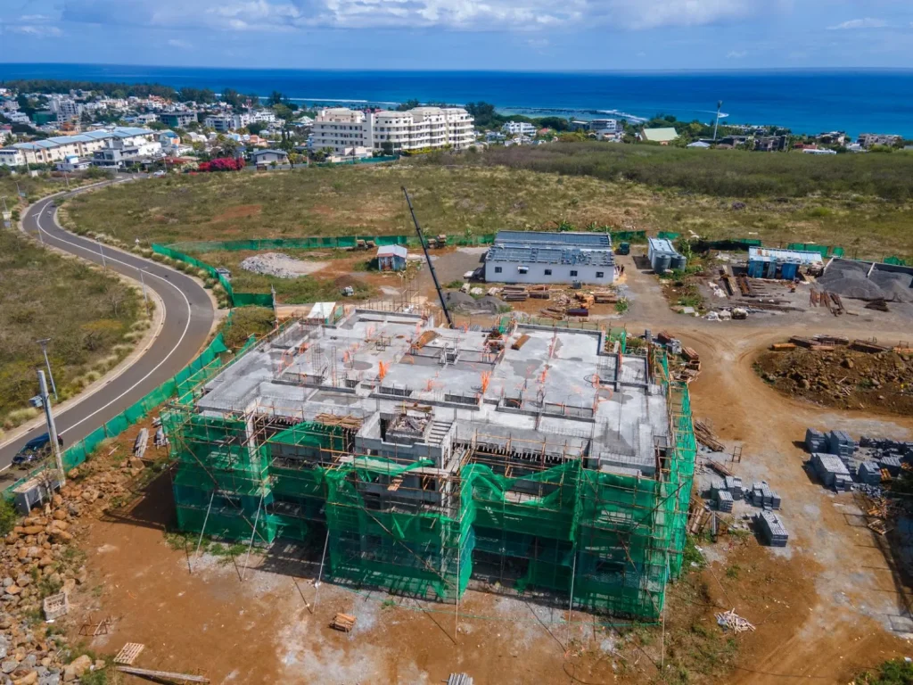 Close aerial view of one Anna City block with reinforcement and props in place for the next slab pour