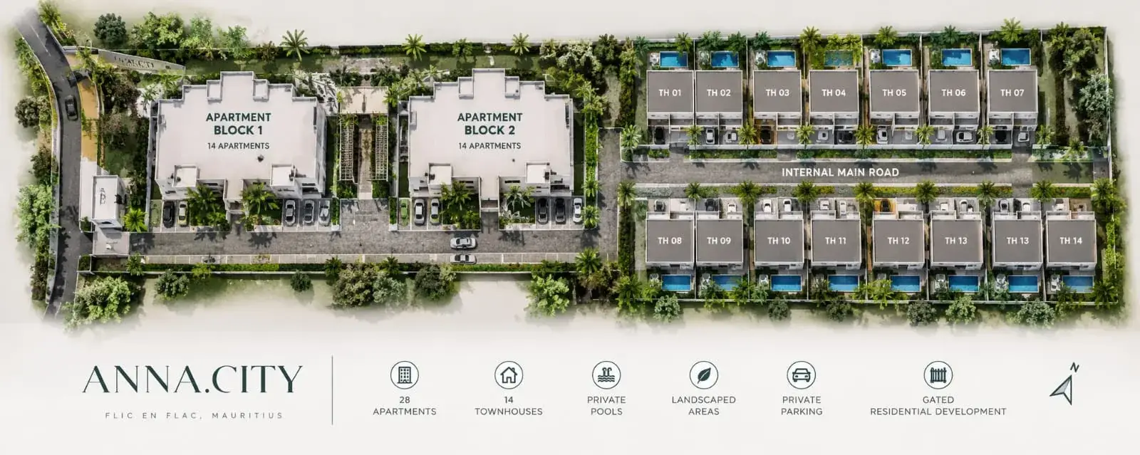 Illustrated aerial site plan of Anna City showing Apartment Blocks 1 and 2 with 14 apartments each, townhouses with private pools along the internal main road, private parking and landscaped gardens