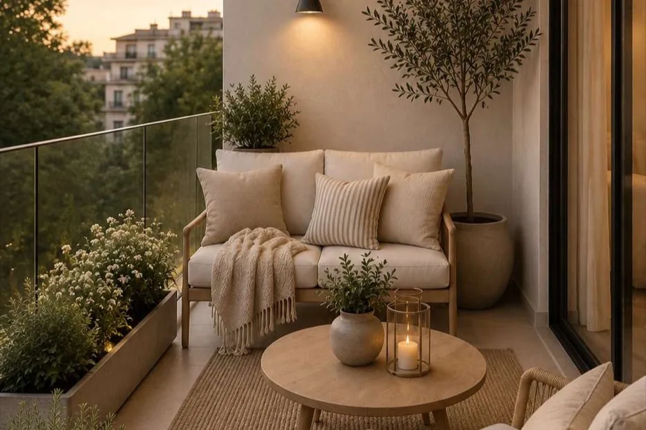 Interior design render of an Anna City terrace at dusk: a cushioned bench, a round timber table with lanterns, planters of flowering shrubs and a potted olive tree