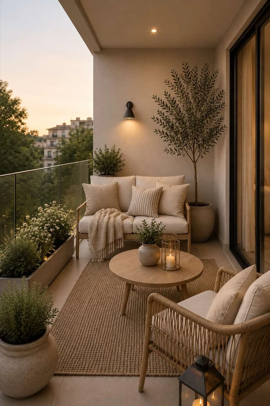 Interior design render of an Anna City terrace at dusk: a cushioned bench and armchair, a round timber table with lanterns, planters of flowering shrubs and a potted olive tree